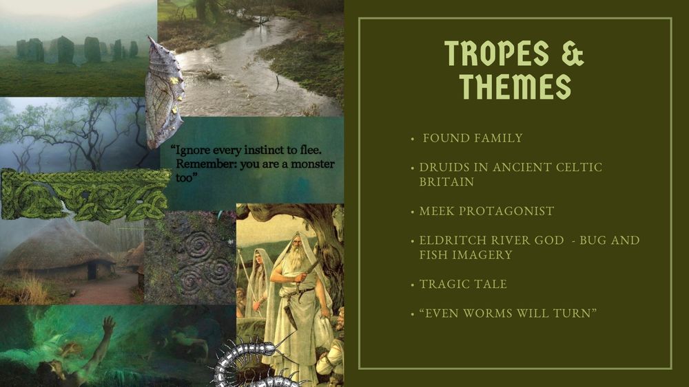 Pitch slide showing a moodboard, with a standing stone circle, cocoon, trees growing out of a river, Celtic knotwork, a river, a Celtic roundhouse in the rain, a carved standing stone, artwork of druids, artwork of someone drowning, a centipede