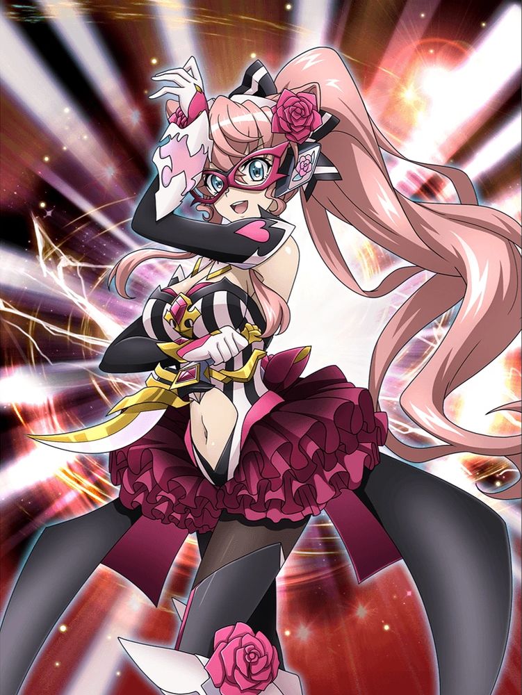 Maria in her Thief Gear, taking the form of a pinstripe leotard and rose-colored ruffled skirt, rose-adorned striped bow, and a golden dagger.
