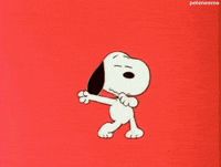 Dancing snoopy (white dog) picture on a red background