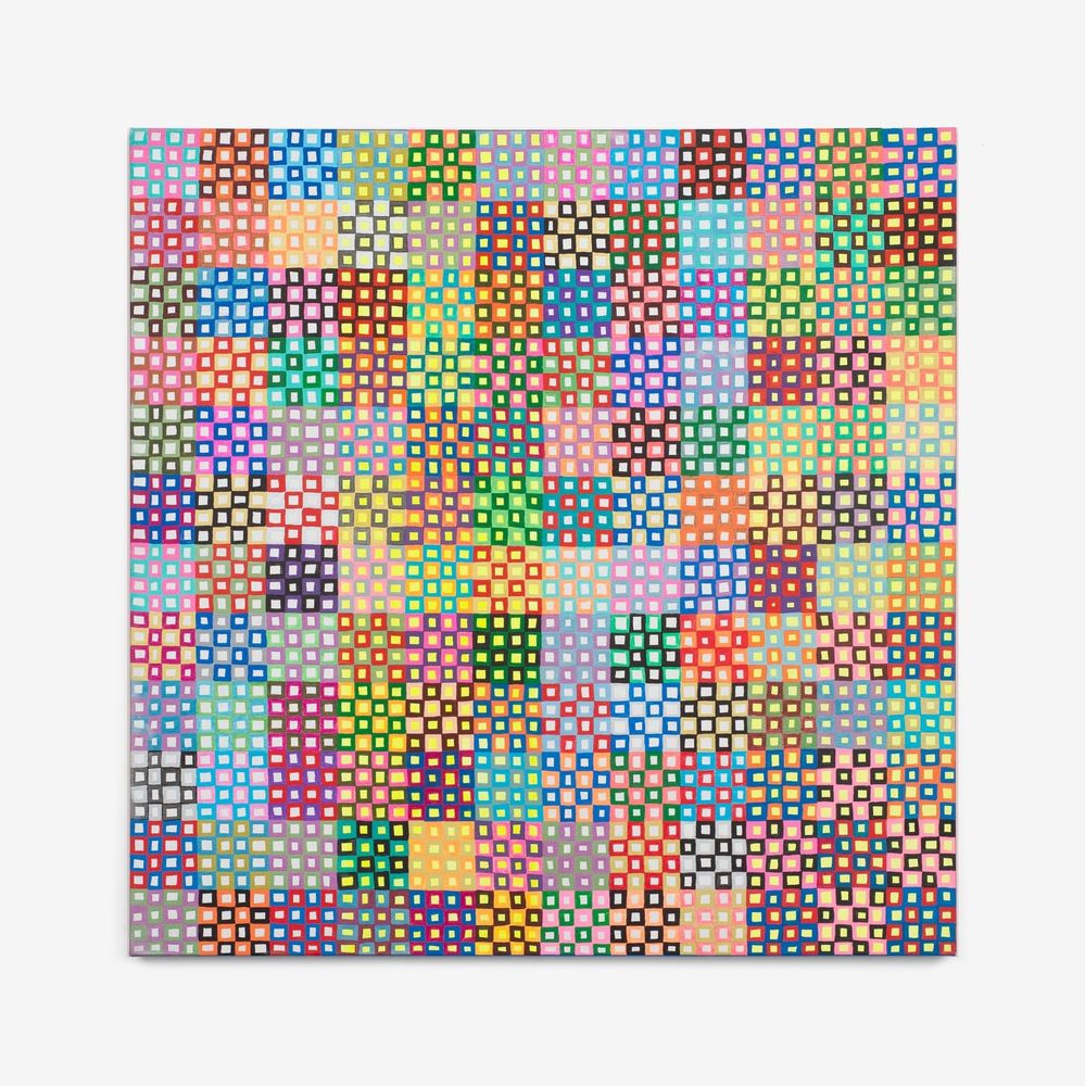A colorful quilt-like pattern made up of dozens of square palettes 