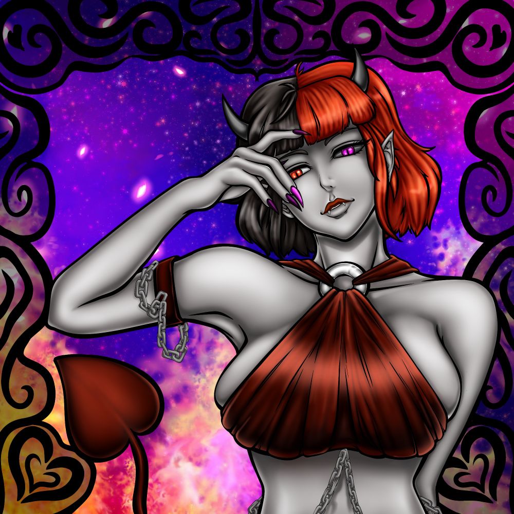 Drawing of a succubus with red and black hair and different colored eyes.