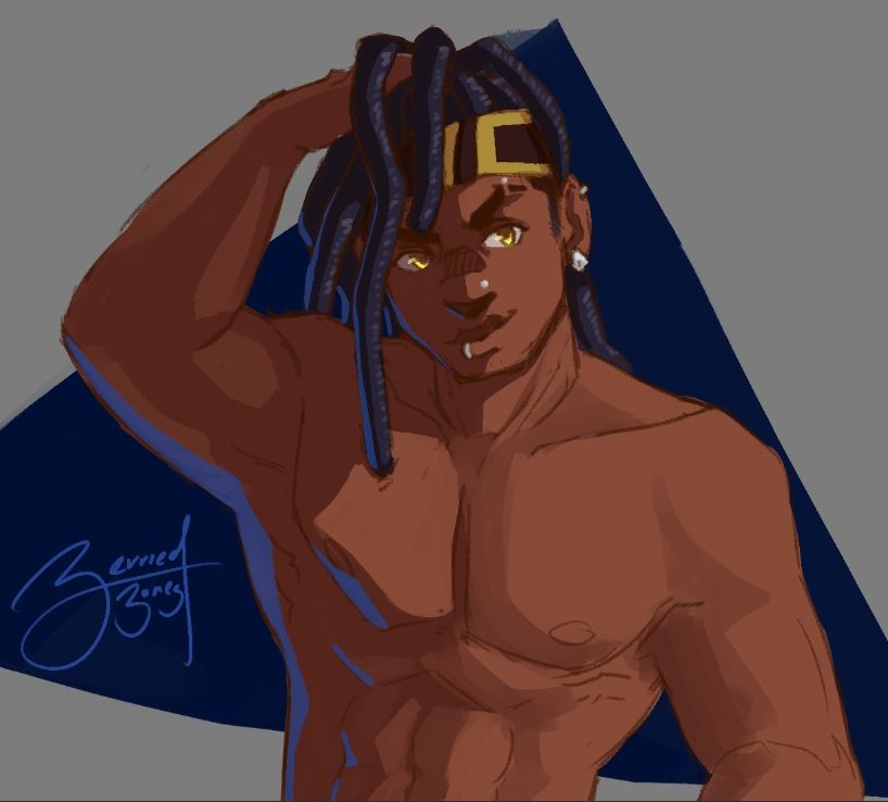 Drawing of a muscular black man running his hand through his hair.