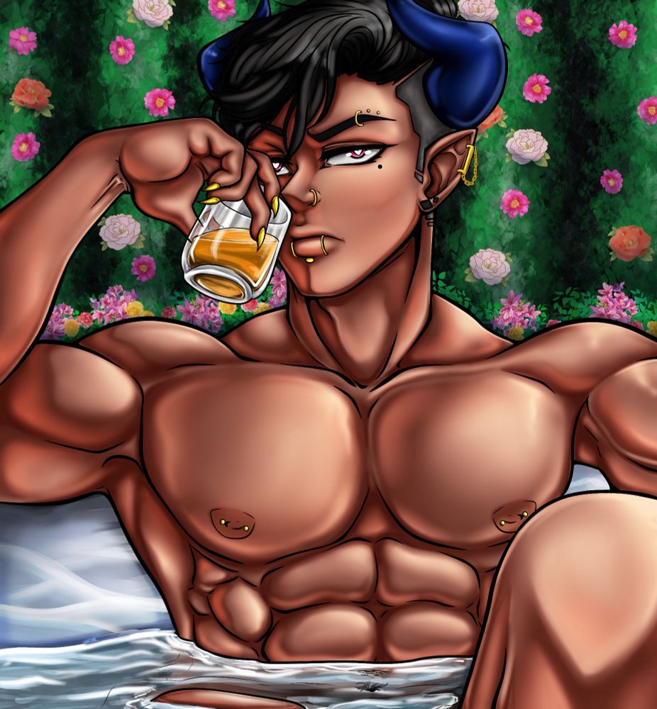 Digital drawing of an adult My Hero Academia character sitting in a hot tub drinking whiskey from a glass. Biracial man with demon horns, claws, dark skin, an undercut, and pink eyes with heart-shaped pupils and piercings all over his face and chest.
