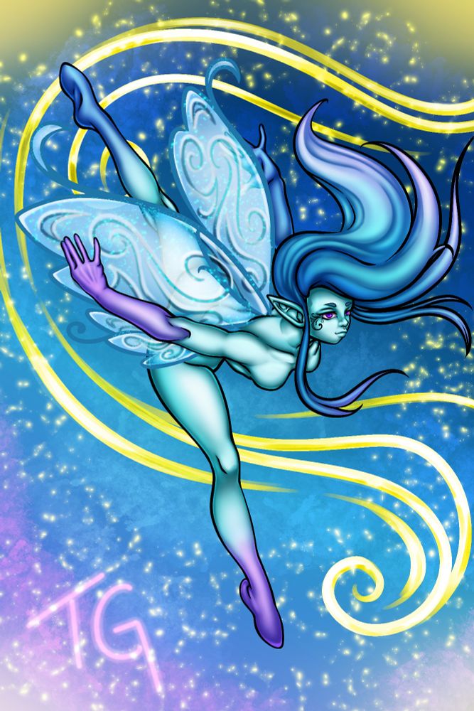 Digital drawing of a blue fairy dancing through the air with a tail of gold magic around them. 