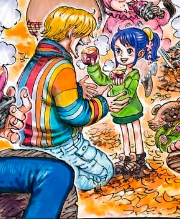 Sanji and Tama from the One Piece chapter 1166 color cover spread. Sanji is wearing a colorful striped coat. Tama is seemingly feeding (or at least sharing with) Sanji a sweet potato