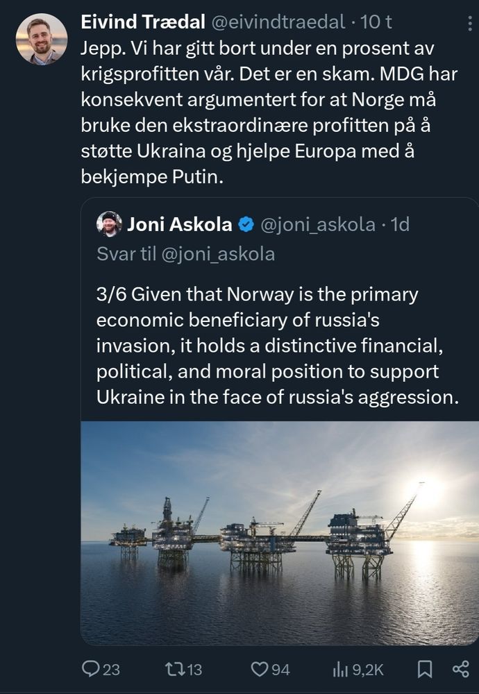 Post from X about how Norway should do more for Ukraine (https://x.com/eivindtraedal/status/1811710881492807914?t=I1r-awh91FJZDOuCNyIKnw&s=19)