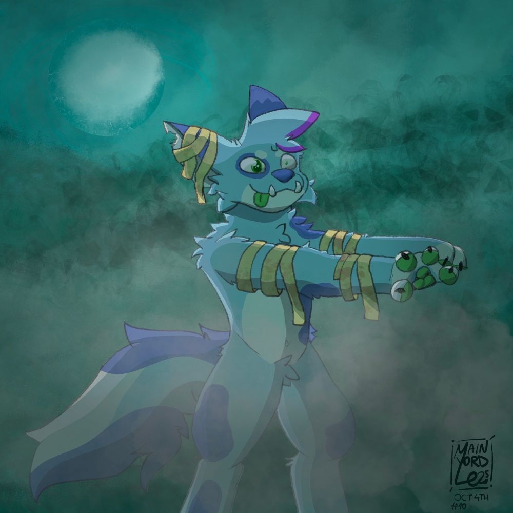 Blue furry fox halloween themed like a zombie 