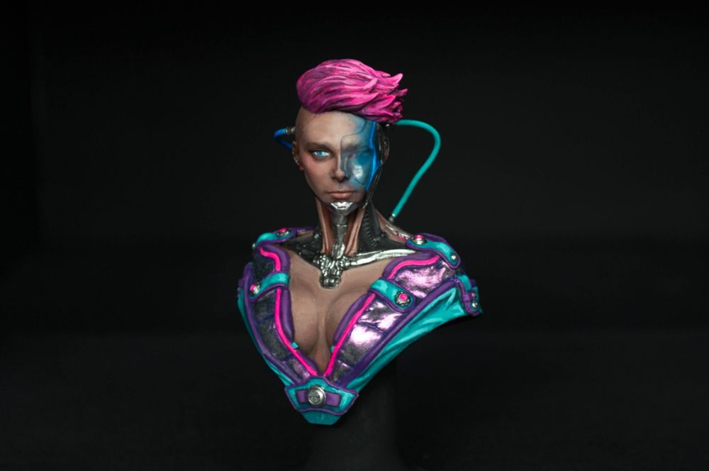 Cyberpunk bust of a woman with wires and a HUD.