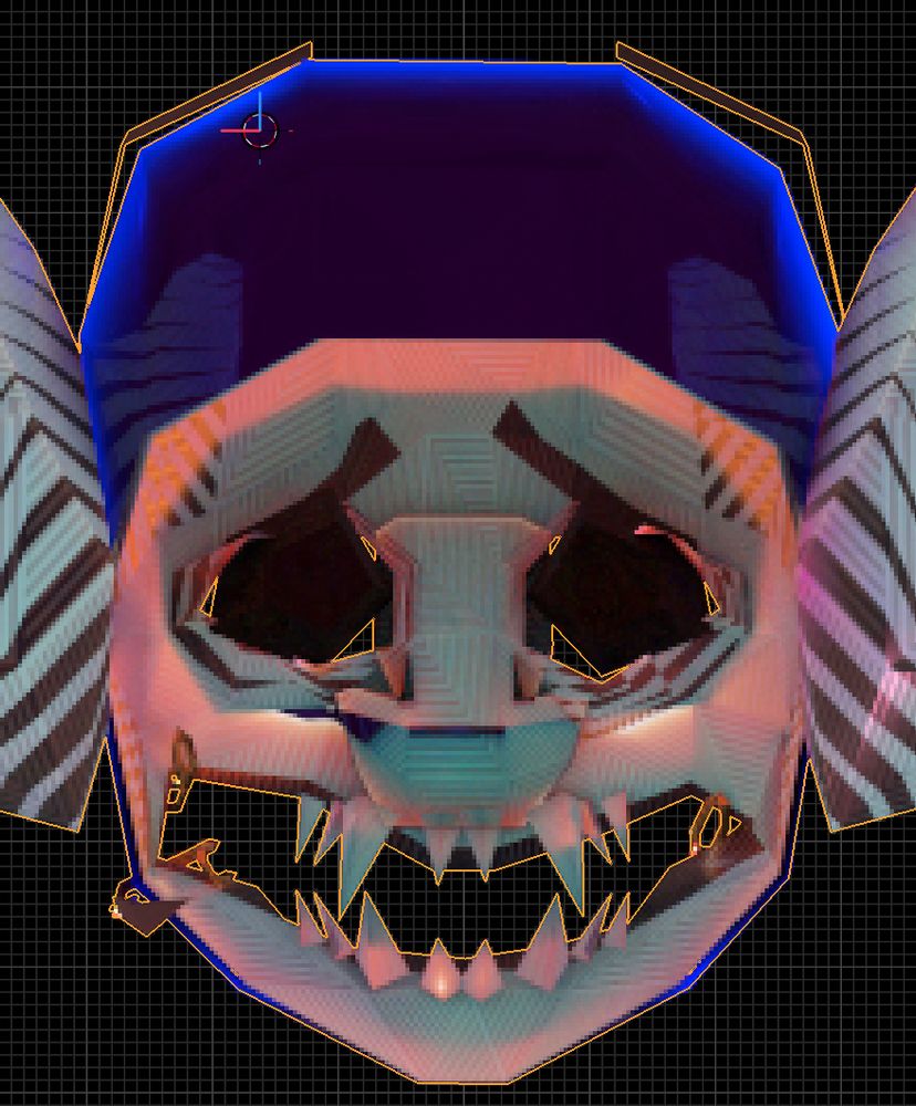 Back view of a low poly 3D humanoid bat face that coincidentally looks like a japanese demon mask