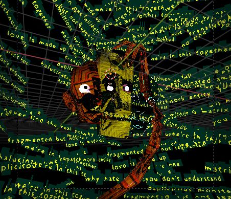 work in progress screenshot of 3D project that isn't working out the way I wanted it to. There's some low poly floating faces that are fused together and are surrounded by messy yellow text in a black void. 