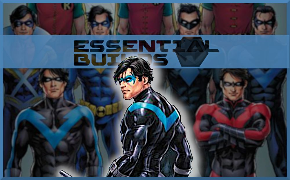 A variant cover of Nightwing #118 by Nicola Scott, which features the modern Nightwing look front and center in front of the history of his past costumes, as well as the Essential Builds logo.