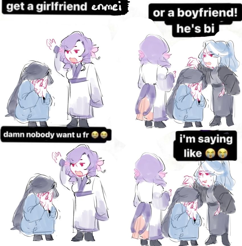 aiko, enmei, and kiyo (all ocs) in a popular meme comic format (i forgor what the title was)

anyway some context - enmei is a chronic yearner with somewhat unhealthy views on romance. he consumes a lot of romance media be it books, shows, songs - he lives and breathes it. that's what warped his views on actual love and how it's "supposed to work"

he still hasn't had a proper romantic development for a good relationship and idk if i should laugh at him or pity him honestly /lh