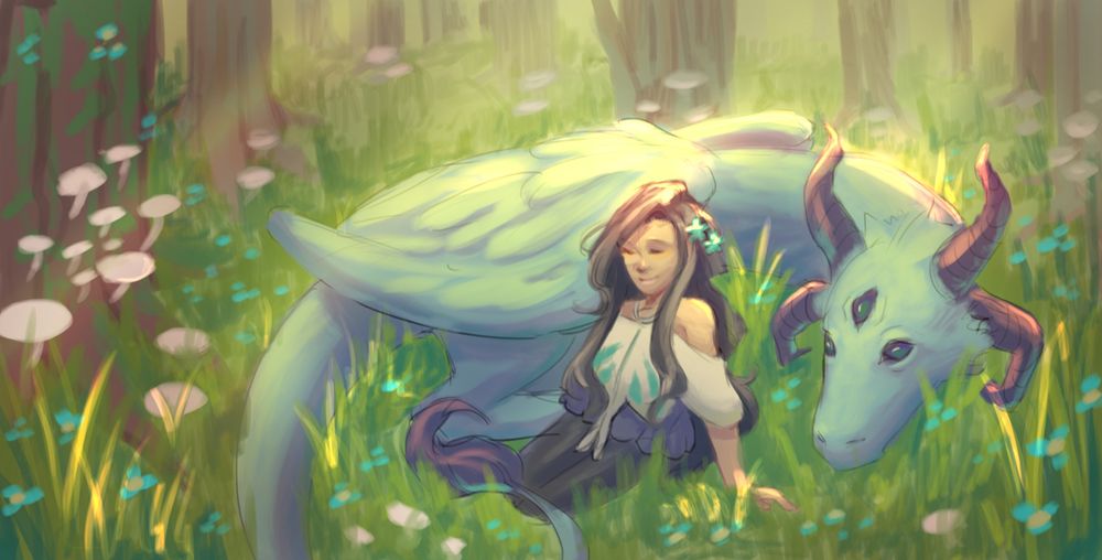 vea (oc) sitting with dragon in sunlit forest