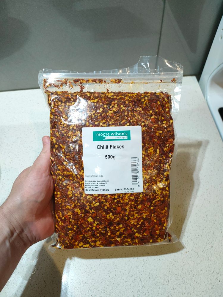 A 500 gram bag of chilli flakes
