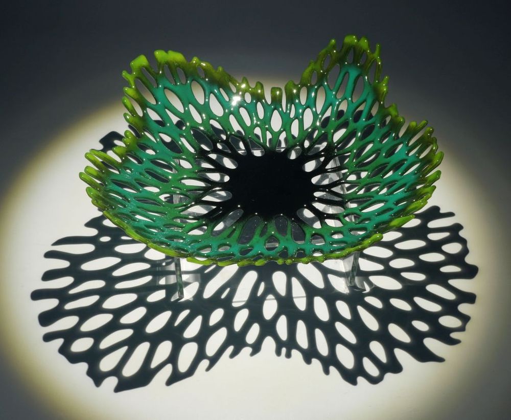 Organically shaped green coral bowl, 10 1/4" x 3 3/4"