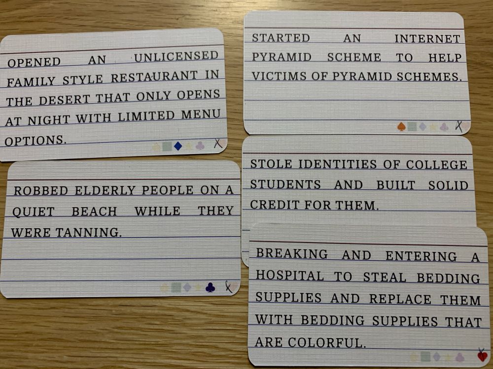 Playing cards with “crimes” that players could potentially commit.