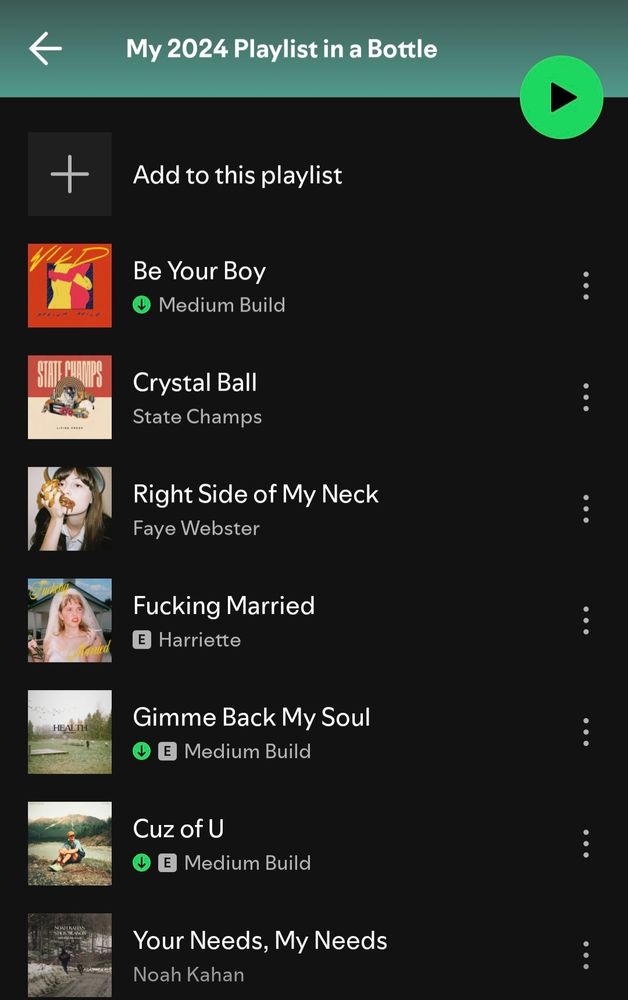 my 2024 playlist in a bottle
be your boy by medium build
crystal ball by state champs
right side of my neck by faye webster
fucking married by harriette
gimme back my soul by medium build
cuz of you by medium build
your needs, my needs by noah kahan