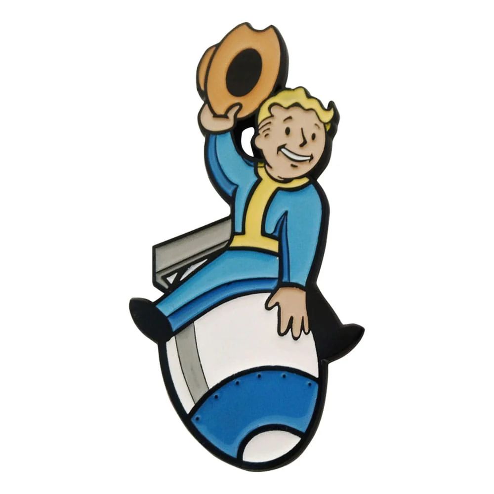 The Fallout maskot riding on a bomb, holding up a hat.