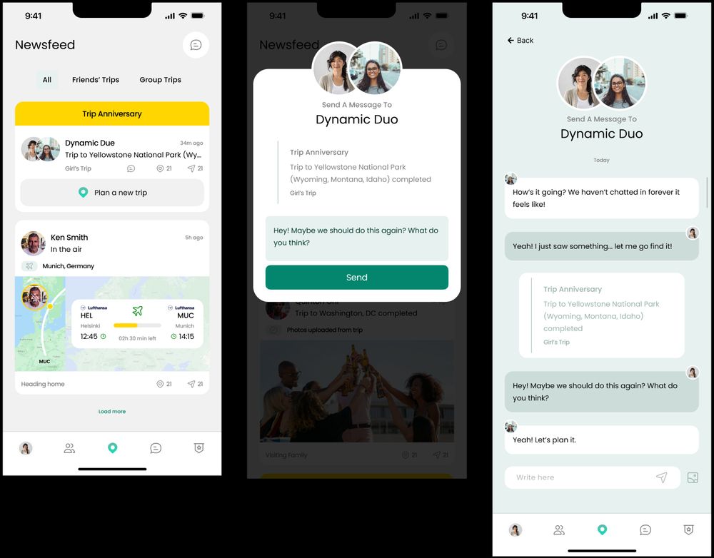 A mockup of a mobile travel app called HERE where the user sees a Trip Anniversary reminding them of their trip to the Yellowstone National Park last year. They click on the comment icon and they send a message to the group they went on the trip with. "Hey! Maybe we should do this again! What do you think?" they write. Here Travel App is an app under design and development. Follow the hashtag #JoinHERE to follow updates.