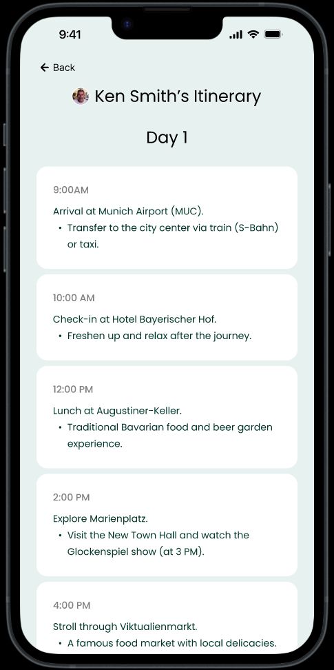 A mockup of a phone screen of the travel app HERE. The user is following a man named Ken Smith on his trip to Munich. There are various elements on screen like the Real-Time GPS location of Ken while he flies on his flight, basic trip details, what his real time updates have been, any photos he's shared, and his planned itinerary. This app is under design and development and is not released to the public yet. Please follow the hashtag #joinHERE for updates on the progress.