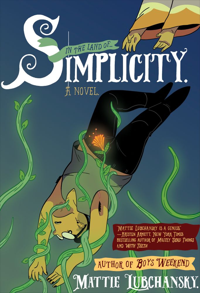 the cover of SIMPLICITY: the main character of the story, Lucius, getting pulled down and off the page by glowing vines. A pair of hands from a robed figure reaches for him.