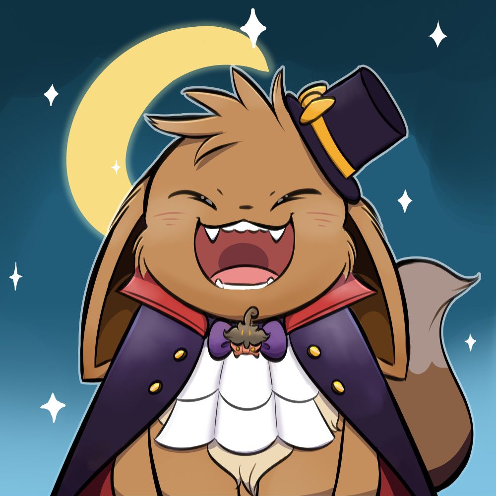 An eevee in a vampire-esque costume. They're sporting a purple bow with a pumpkaboo at its center as well as a purple top hat with a yellow ribbon. The eevee has a wide grin on its face, showing off its teeth. A yellow moon and white stars shine in the background with a blue gradient background.