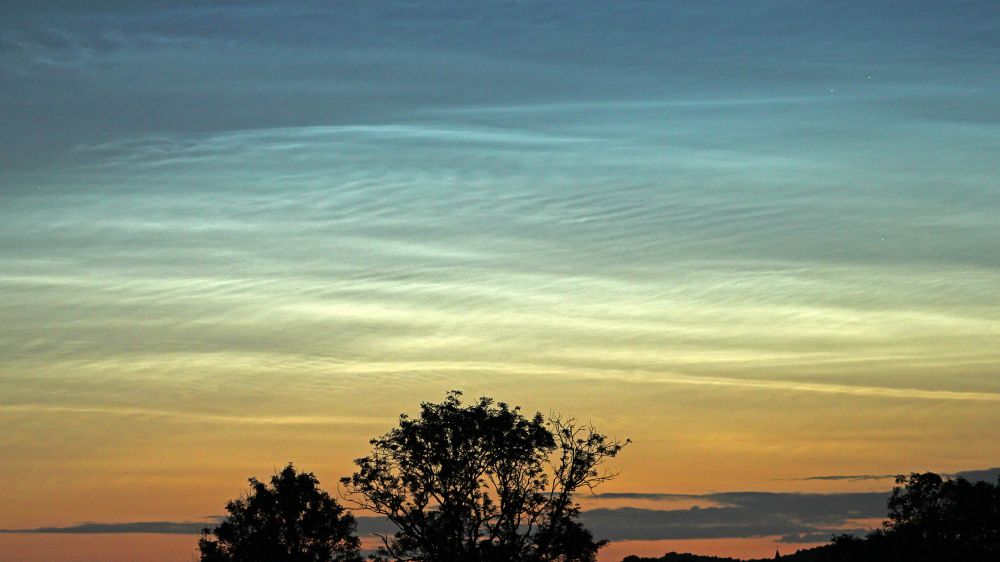 Distinct bands and waves of noctilucent clouds, coloured yellow low down and light blue higher up, with some trees in the foreground.