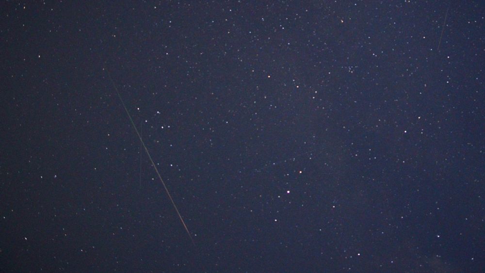 A green and orange Perseid meteor passing to the left of the small constellation Delphinus (the Dolphin). The bright star Altair can be seen to the centre right of the picture. The meteor was captured on 12 August 2025 at 21:38 UT. Settings: 10s exp, 16mm fl, f/2.0, ISO-800.