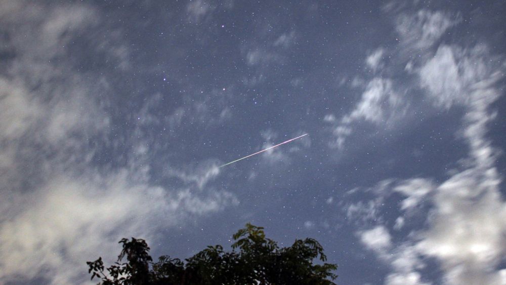 A green, orange and pink Perseid meteor passing below the constellation of Cassiopeia and viewed through some patchy white cloud with a tree in the foreground. Shot taken on 12 August 2025 at 22.47 UT. Settings: Canon 600D and 24mm lens at 10s exp, 24mm fl, f/2.8, ISO-800.