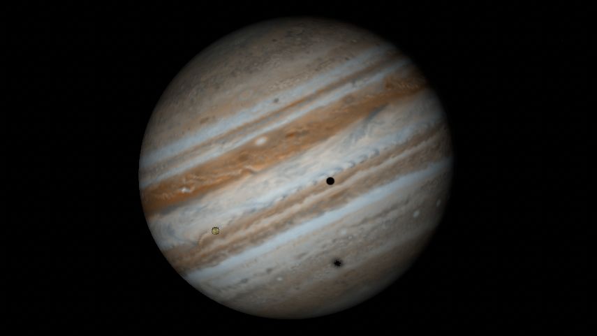 Stellarium graphic showing the shadows of Io and Callisto, as well as Io itself, crossing Jupiter's disc on the morning of 21 November 2025.