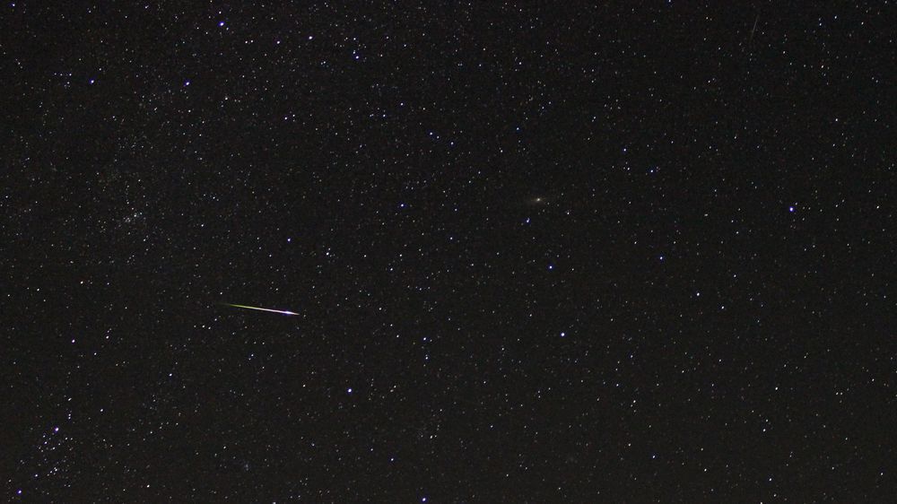 A bright Perseid meteor passing through Andromeda between the Double Cluster in Perseus and the Andromeda Galaxy. Captured on 13 August 2021 at 00.30 UT.