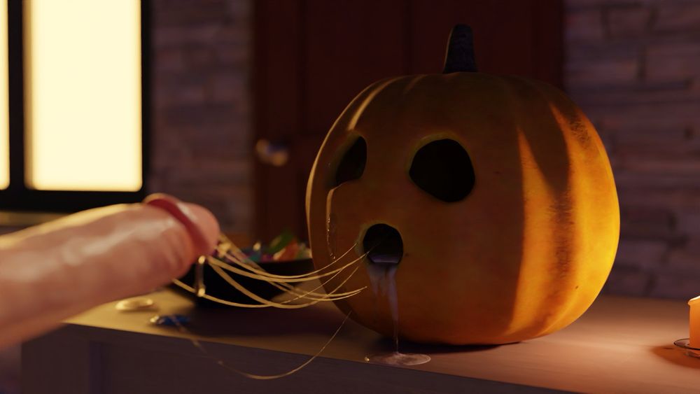 A jack-o-lantern filled with cum, long sticky strands stretching to the penis that was just inside it.