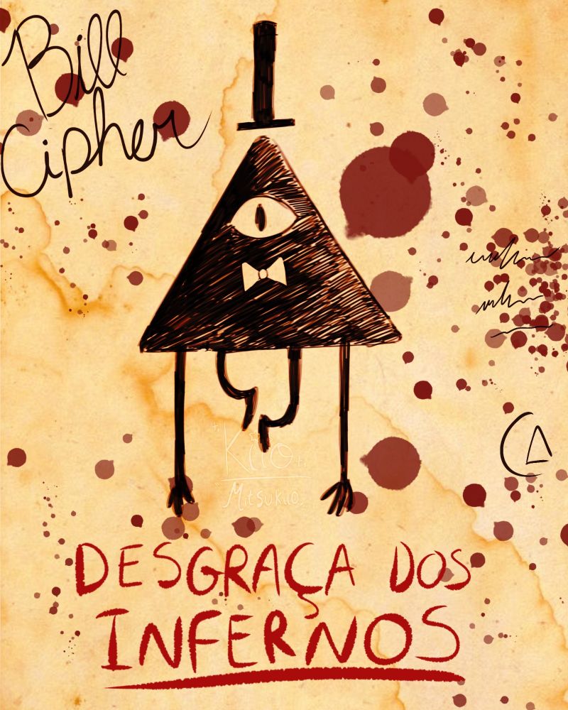 Um desenho do personagem "Bill Cipher" de Gravity falls. Um triângulo pintado de preto de forma rabiscada em uma página amarelada e suja para simular uma das página do livro "O diário perdido de Gravity falls" com uma legenda referenciando um meme do facebook.