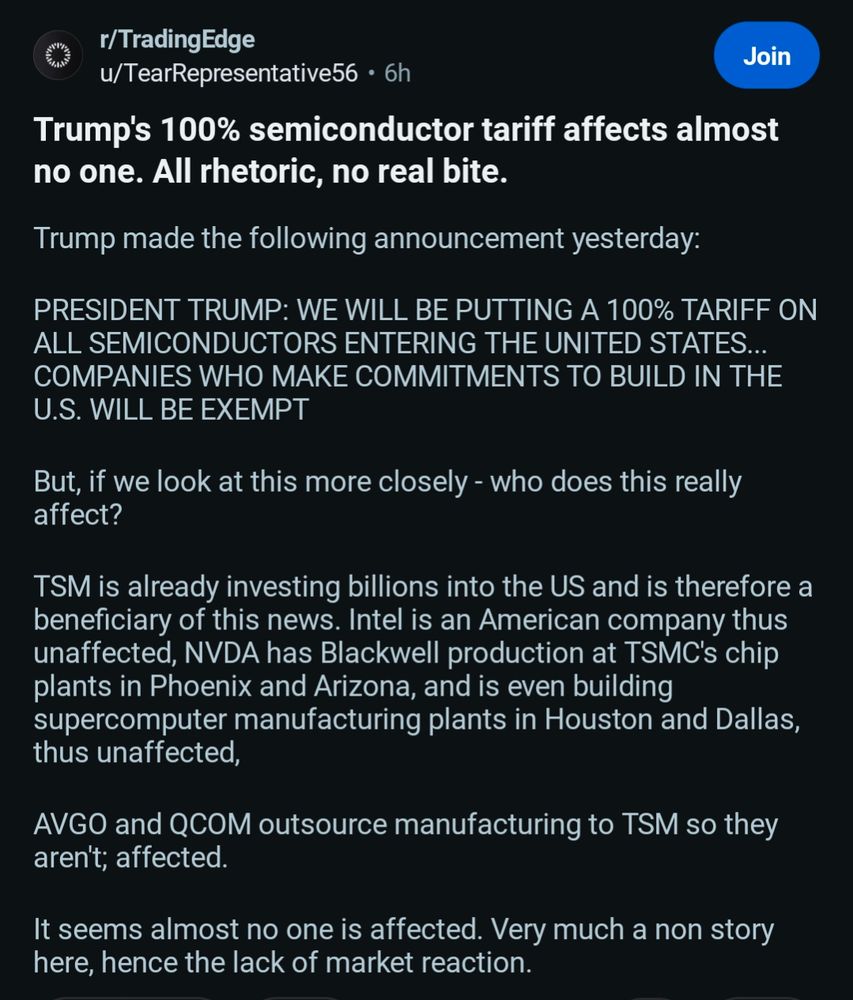Trump's 100% semiconductor tariff affects almost no one.  All rhetoric, no real bite.