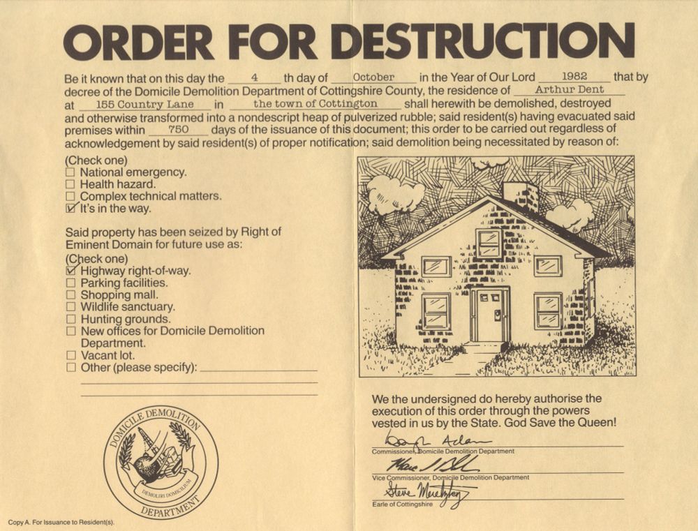 Order for Destruction flyer, sent with the text adventure adaption of Hitchiker’s Guide to the Galaxy, 1984