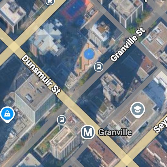 Google Maps screenshot of Granville and Dunsmuir Streets in downtown Vancouver, BC. The shot shows many tall buildings and Granville SkyTrain station.