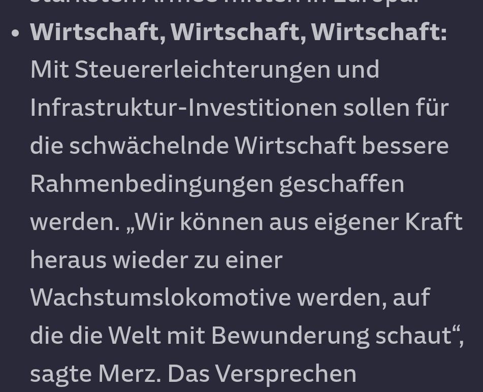 Textabschnitt "Wirtschaft, Wirtschaft, Wirtschaft" von dem Artikel:
https://www.sueddeutsche.de/politik/bundesregierung-liveblog-news-merz-regierungserklaerung-wichtigste-punkte-li.3252234