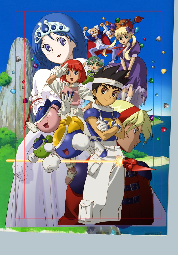 The original art used for the cover for TwinBee Portable on the PSP, from the artist Shujiro Hamakawa's Pixiv account. The main characters- the ships TwinBee (blue), WinBee (pink) and GwinBee (green), as well as pilots Light (a boy in blue with a headband), Pastel (a saluting girl in pink) and Mint (a small boy in green)- are front and centre. In the background, from top-left to bottom-right, are various characters from across the series- Princess Melora from Detana!! TwinBee (a princess wth green hair), Dr. Warumon from Pop'n TwinBee (a scientist with a black and red cape), ZakoBee from Pop'n TwinBee: Rainbow Bell Adventures & TwinBee Yahho! (an evil purple ship with shades), Madoka from Pop'n TwinBee (a twintailed blonde girl in a purple dress) and Ace from TwinBee Yahho! (a blonde man in a red suit).