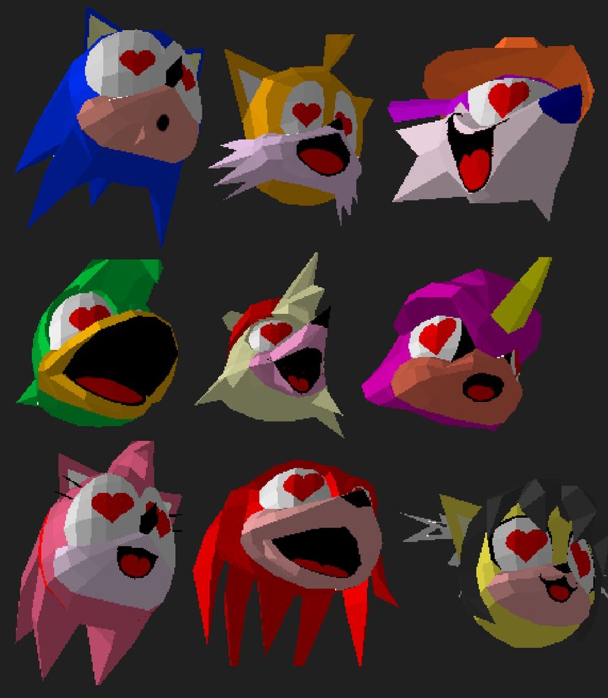 A shot from the Sonic Championship / Sonic the Fighters page on The Cutting Room Floor, taken with PrtScn, showing every member of the game's cast with a heartstruck expression, including hearts in their eyes.