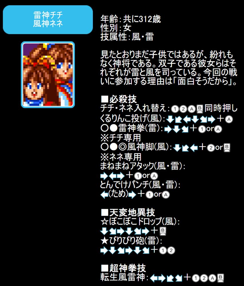 The character profile for Chi Chi & Ne Ne from Shinouken / Shin-Oh-Ken in Japanese from the manual for the game on the SNK Neo Geo Wii Virtual Console manuals page on SNK's website. As well as listing their genders, age and elemental alighment, a picture is shown of the two girls and their move list is displayed.
