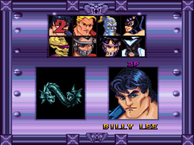 A screenshot of the Character Select screen from the European SNES version of Double Dragon V: The Shadow Falls. From top to bottom, left to right, the characters are Billy Lee, Jimmy Lee, Icepick Dominique, Bones, Blade, Sekka and Shadow Master. Jawbreaker, Sickle, Trigger Happy and Countdown were all cut, with bosses Dominique and Shadow Master made standard to fill some of the gaps.