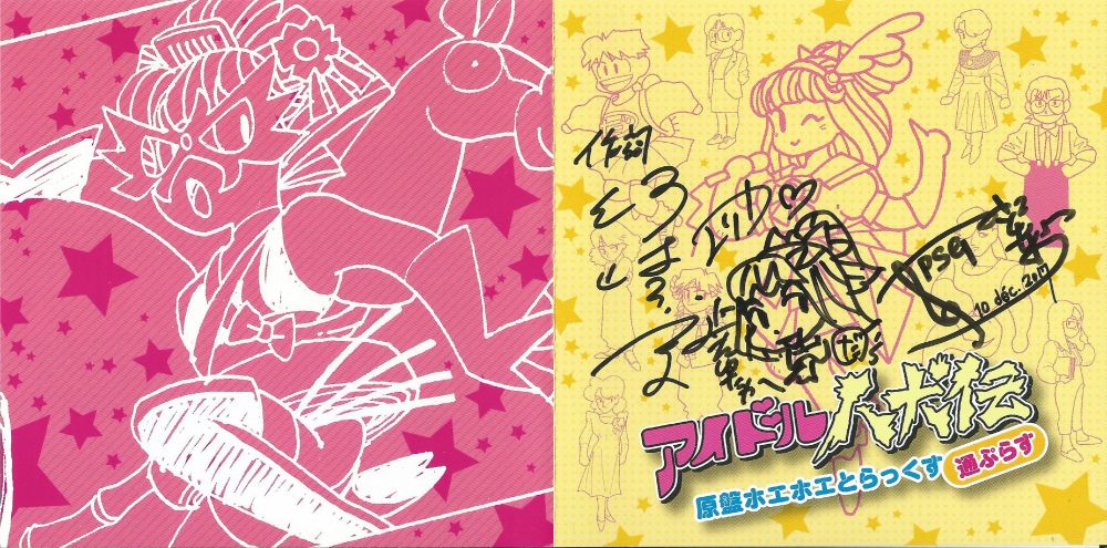 The front and back pages of the Idol Hakkenden Master HoeHoe Tracks Connoisseur Plus album booklet from 2017. The left side shows an outline drawing of the 'Bad Ending' outfit for Erika, the right side shows ouline drawings of multiple characters from the game, with a signature from Tomoo "PSG" Misato.