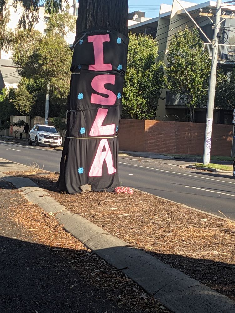 An Ironbark tree in The middle of the road with a 2m tall black fabric wrap around the trunk from the base upwards.

The name "Isla" is sewn in pink fabric one letter at a time from the top down.

This refers to the following incident.

https://www.abc.net.au/news/2024-11-21/vic-isla-bell-missing-woman-family-speaks/104626304