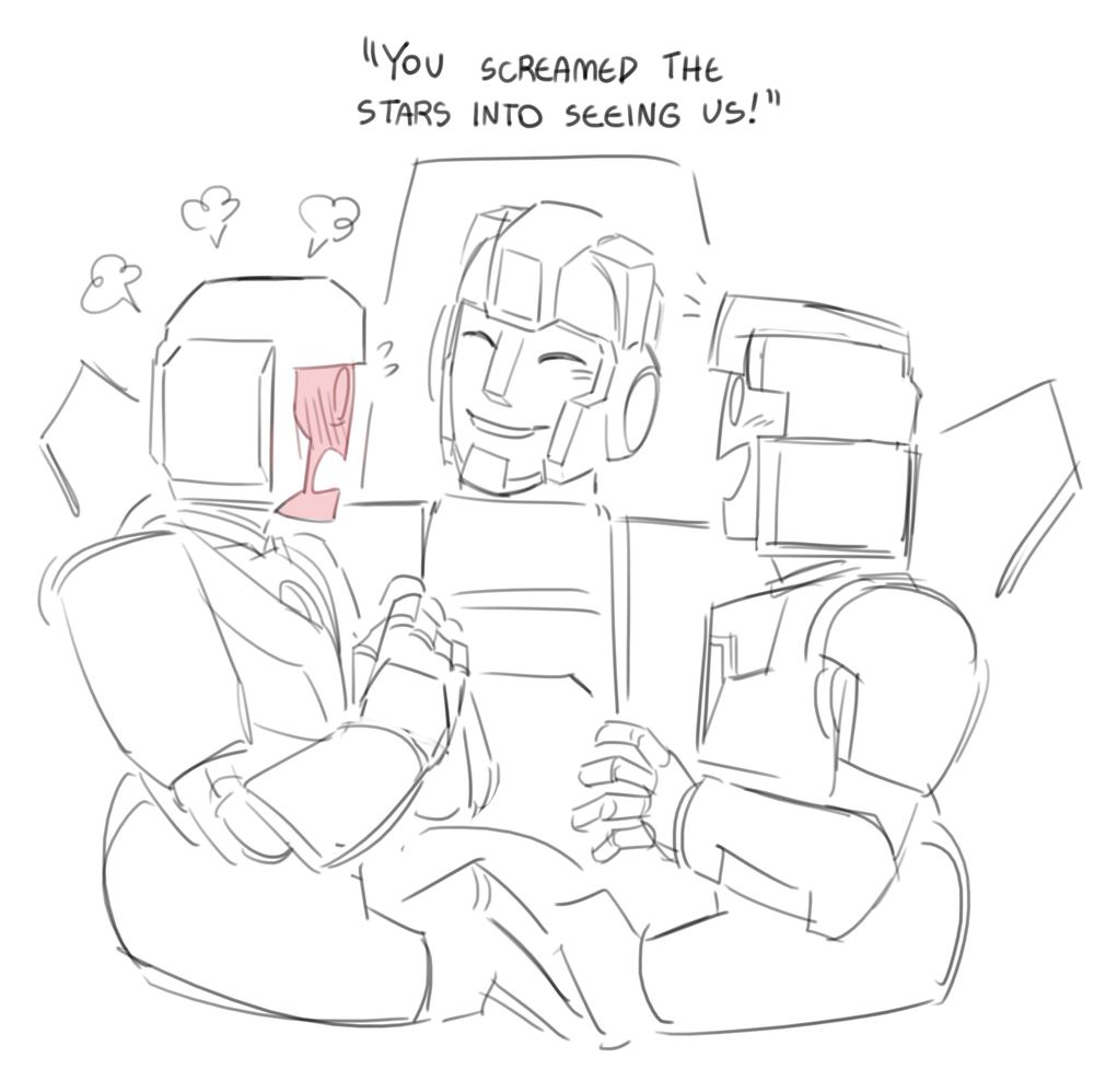 Skyfire holds Genvo and a flustered Ulchtar in his arms. "You screamed the stars into seeing us!" is written above them.