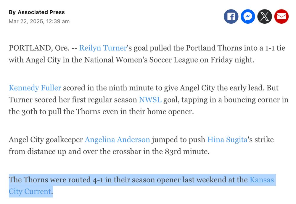 PORTLAND, Ore. -- Reilyn Turner's goal pulled the Portland Thorns into a 1-1 tie with Angel City in the National Women's Soccer League on Friday night.

Kennedy Fuller scored in the ninth minute to give Angel City the early lead. But Turner scored her first regular season NWSL goal, tapping in a bouncing corner in the 30th to pull the Thorns even in their home opener.

Angel City goalkeeper Angelina Anderson jumped to push Hina Sugita's strike from distance up and over the crossbar in the 83rd minute.

The Thorns were routed 4-1 in their season opener last weekend at the Kansas City Current.