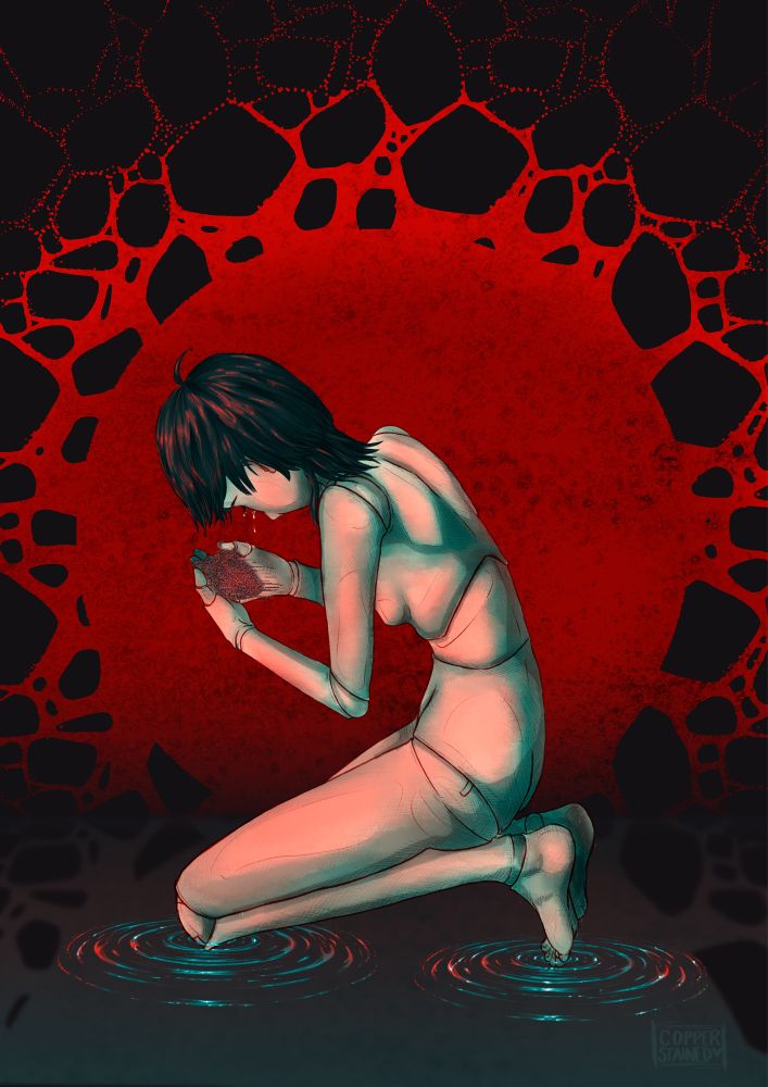 Scaramouche as a puppet and naked, he’s kneeling in water while holding a glitched heart, he’s looking down at the heart and crying, you can’t see his full face