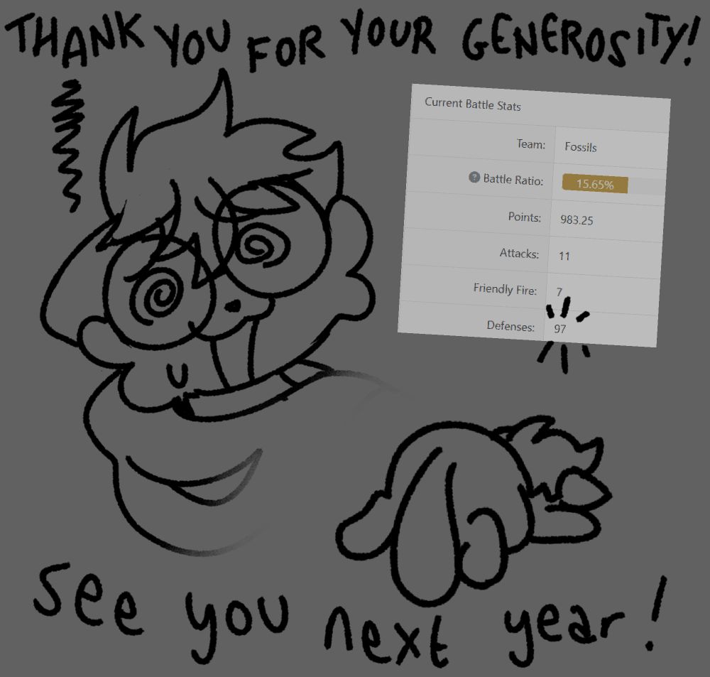 Two digital sketches of Katkitters, one headshot of her frazzled by her Art Fight battle ratio, the other a cartoony drawing of her collapsed on the floor. Text reads "Thank you for your generosity! See you next year!"