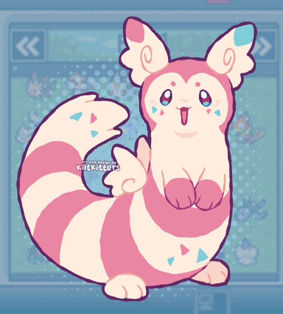 A digital drawing of a pastel pink shiny Furret with Togekiss wings for ears, wings on its back, and Togekiss-esque blue and pink freckles. It is sitting upright and smiling joyously at the viewer.