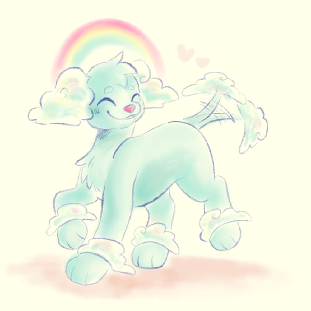 A digital illustration of Forecast, a blue dog with clouds for ears and a rainbow above their head. They have cloud fur cuffs on all 4 paws and a cloud on the end of their tail. They are smiling happily and wagging their tail.