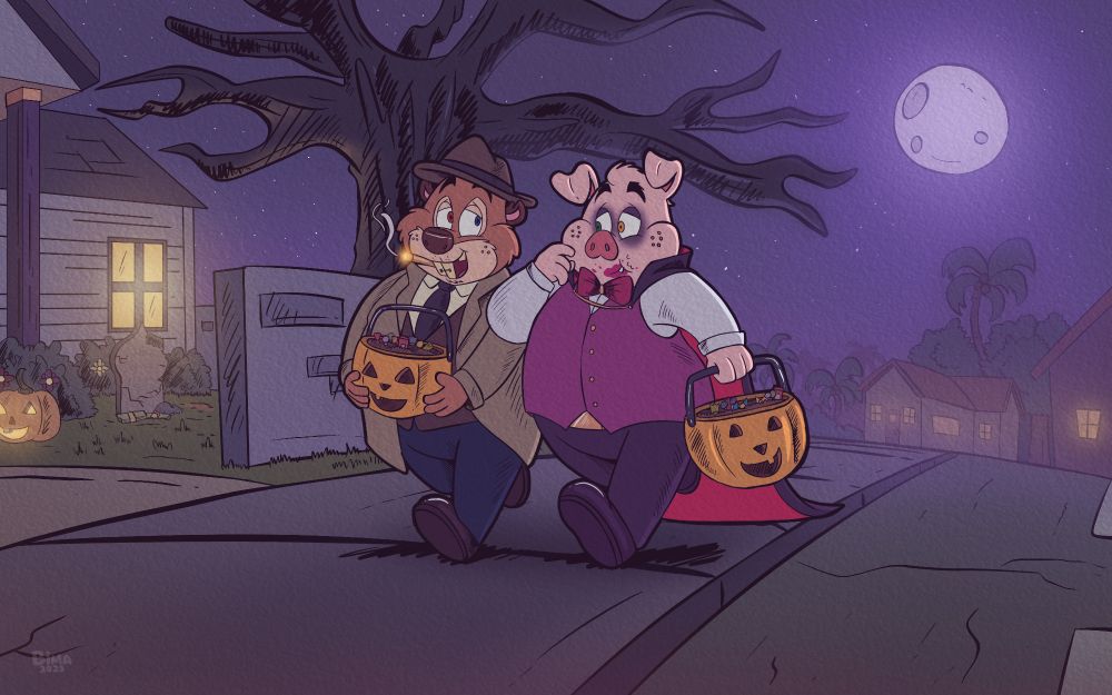 Bima A.Beaver is dressed as Bobrito Bandito from Italian Brainrot, while Leudolf is dressed as a vampire.